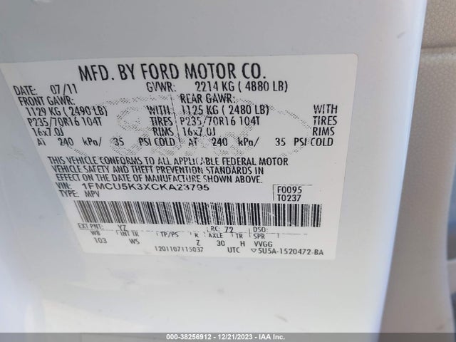 2012 FORD ESCAPE HYBRID VIN: 1FMCU5K3XCKA23795