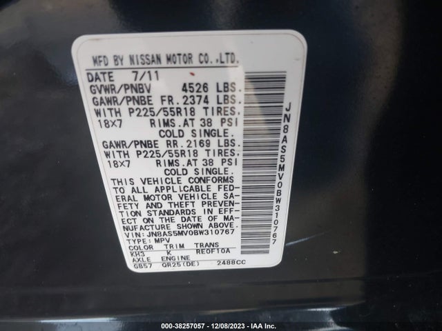 2011 NISSAN ROGUE SV VIN: JN8AS5MV0BW310767