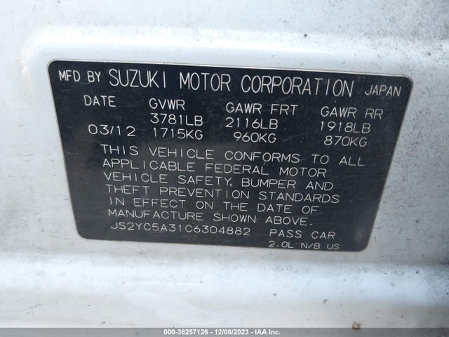 2012 SUZUKI SX4 LE/LE POPULAR VIN: JS2YC5A31C6304882