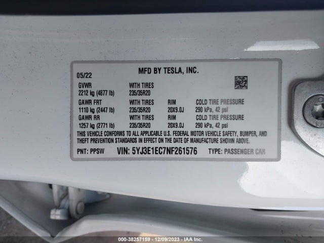 5YJ3E1EC7NF261576 Tesla Model 3 Performance Dual Motor All-wheel Drive