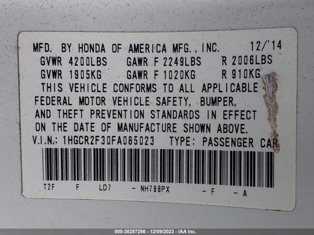 Honda ACCORD LX 2015 1HGCR2F30FA085023 Image 9