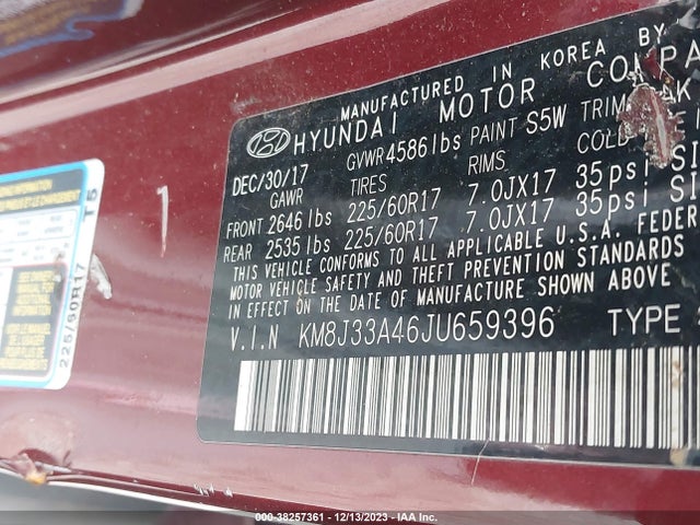 2018 HYUNDAI TUCSON SEL VIN: KM8J33A46JU659396