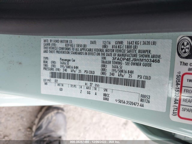 2017 FORD FIESTA SE VIN: 3FADP4EJ9HM103468