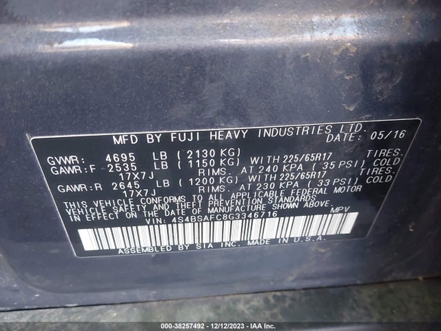 2016 SUBARU OUTBACK 2.5I PREMIUM VIN: 4S4BSAFC8G3346716