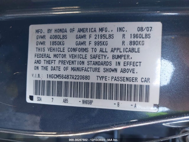 2007 HONDA ACCORD 2.4 LX VIN: 1HGCM56487A220680