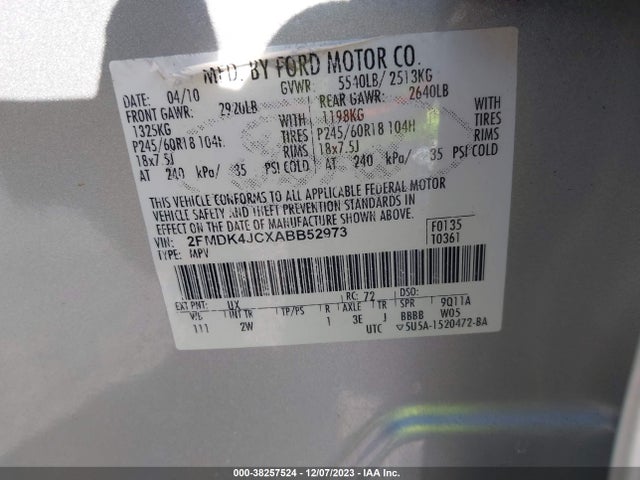 2010 FORD EDGE SEL VIN: 2FMDK4JCXABB52973