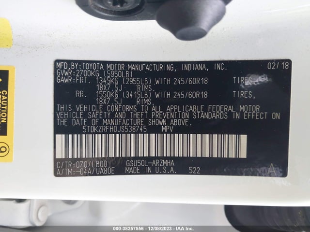 2018 TOYOTA HIGHLANDER XLE VIN: 5TDKZRFH0JS538745