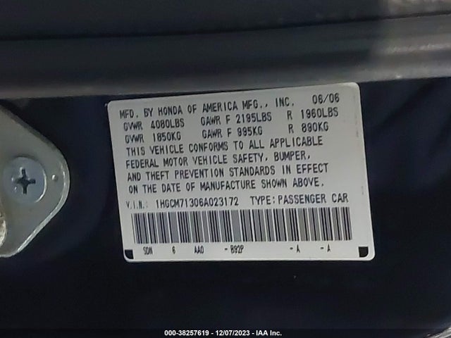 2006 HONDA ACCORD 2.4 LX VIN: 1HGCM71306A023172