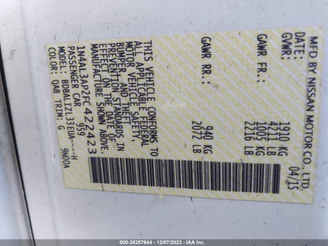 Nissan Altima 2.5 Sv 2015 1N4AL3AP2FC422423 Image 9