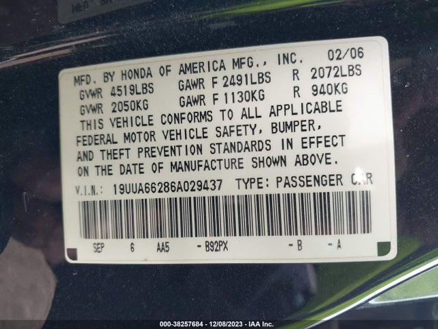 2006 ACURA TL VIN: 19UUA66286A029437