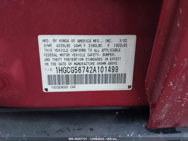 2002 HONDA ACCORD SDN SE VIN: 1HGCG56742A101499
