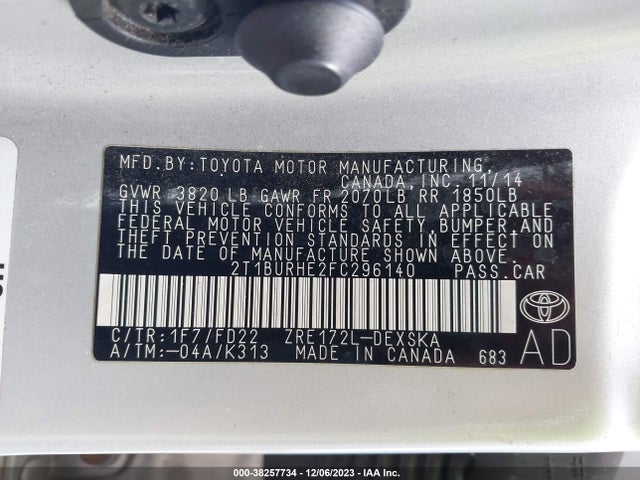 2015 TOYOTA COROLLA S PLUS VIN: 2T1BURHE2FC296140
