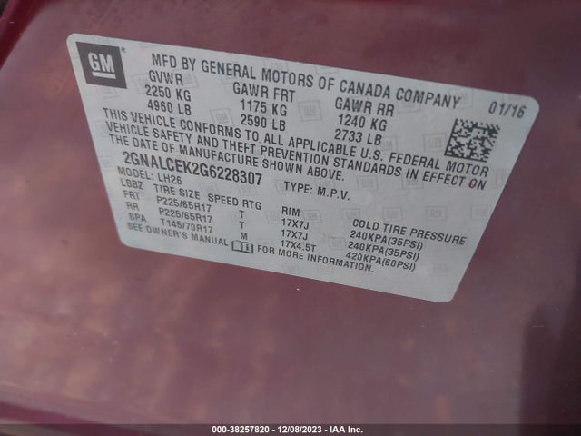 Chevrolet EQUINOX LT 2016 2GNALCEK2G6228307 Image 9