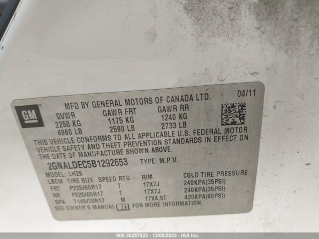 2011 CHEVROLET EQUINOX 1LT VIN: 2GNALDEC5B1292653