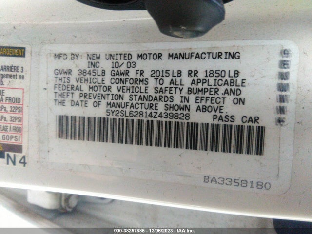 2004 PONTIAC VIBE VIN: 5Y2SL62814Z439828