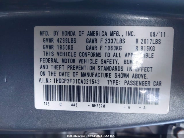 2012 HONDA ACCORD 2.4 LX VIN: 1HGCP2F31CA021543