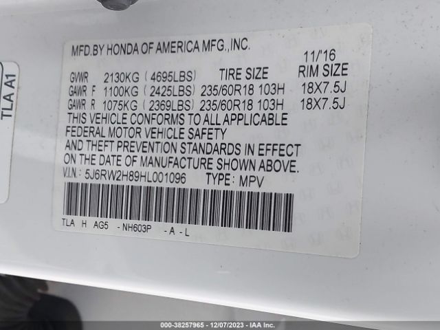 5J6RW2H89HL001096 Honda Cr-v Ex-l/ex-l Navi