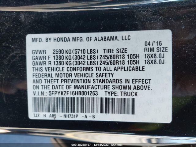 5FPYK2F16HB001263 Honda Ridgeline Sport