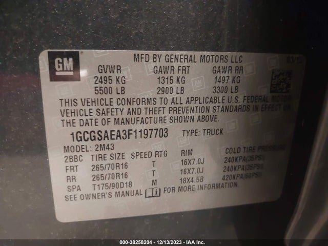 2015 CHEVROLET COLORADO WT VIN: 1GCGSAEA3F1197703