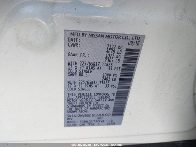 2016 NISSAN ROGUE SV VIN: 5N1AT2MV6GC924802