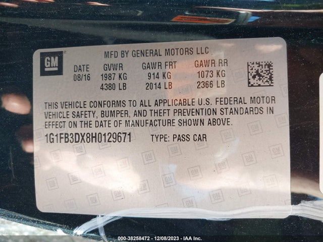 2017 CHEVROLET CAMARO 1LT VIN: 1G1FB3DX8H0129671