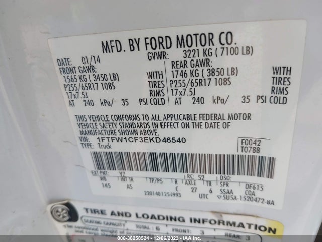 2014 FORD F-150 XL VIN: 1FTFW1CF3EKD46540