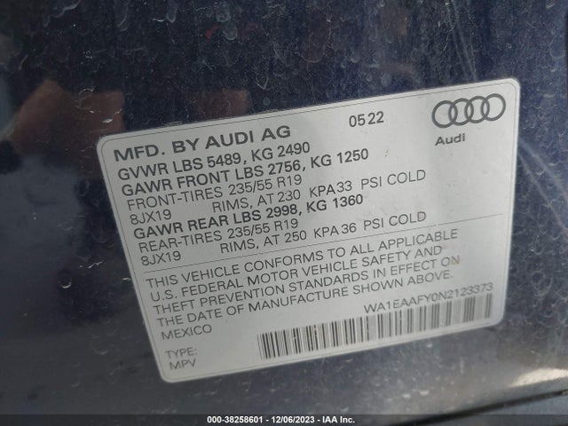 WA1EAAFY0N2123373 Audi Q5 Premium Plus 45 Tfsi S Line Quattro S Tronic