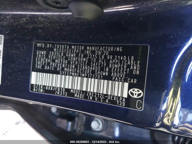 2021 TOYOTA COROLLA LE VIN: 5YFEPMAE1MP172701