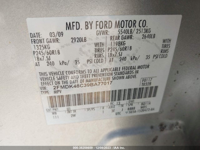 2009 FORD EDGE SEL VIN: 2FMDK48C39BA77017
