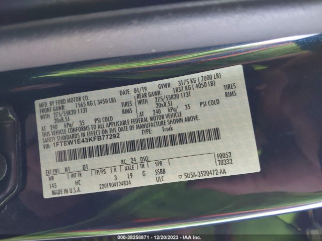 1FTEW1E43KFB77292 Ford F-150 Lariat