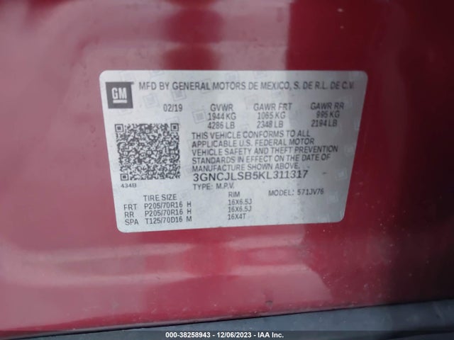 Chevrolet Trax Lt 2019 3GNCJLSB5KL311317 Image 9