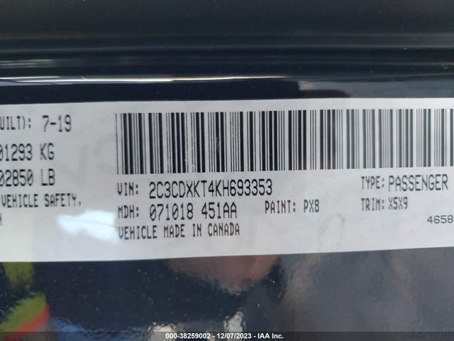 2019 DODGE CHARGER POLICE VIN: 2C3CDXKT4KH693353