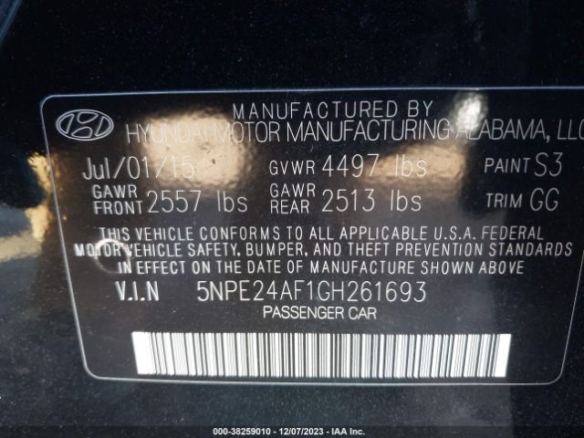 5NPE24AF1GH261693 Hyundai SONATA SE