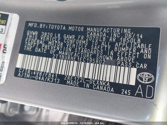 Toyota Corolla Le Plus 2014 2T1BURHE1EC195802 Image 9