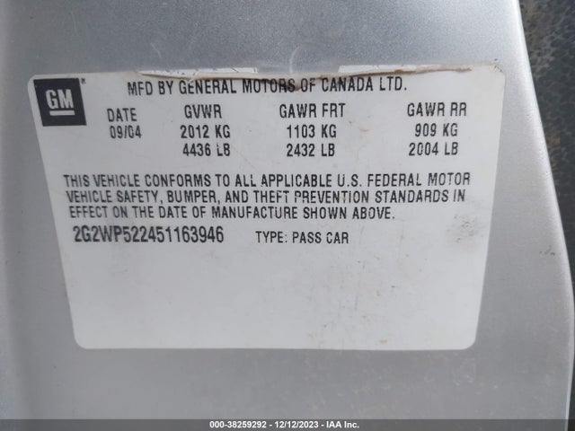 2005 PONTIAC GRAND PRIX VIN: 2G2WP522451163946