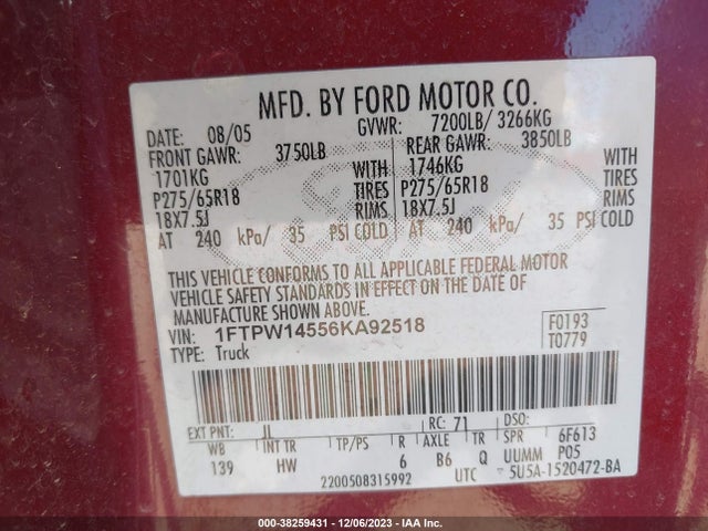 2006 FORD F-150 XLT/LARIAT/FX4 VIN: 1FTPW14556KA92518