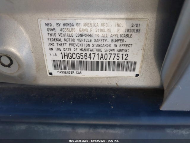 2001 HONDA ACCORD SDN LX VIN: 1HGCG56471A077512