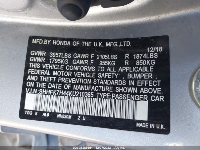 SHHFK7H44KU210365 Honda Civic Sport