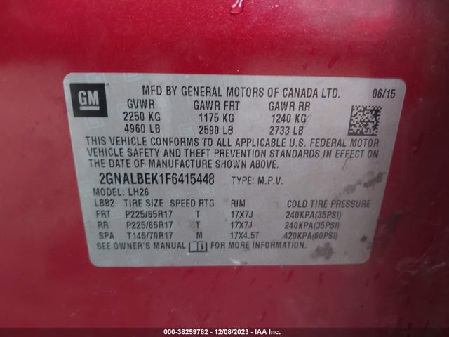 Chevrolet EQUINOX 1LT 2015 2GNALBEK1F6415448 Image 9