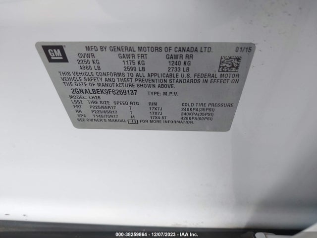 Chevrolet EQUINOX 1LT 2015 2GNALBEK9F6269137 Image 9