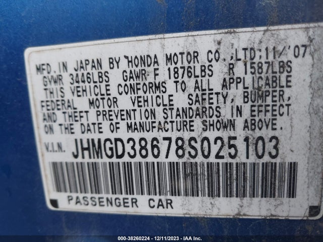 2008 HONDA FIT SPORT VIN: JHMGD38678S025103