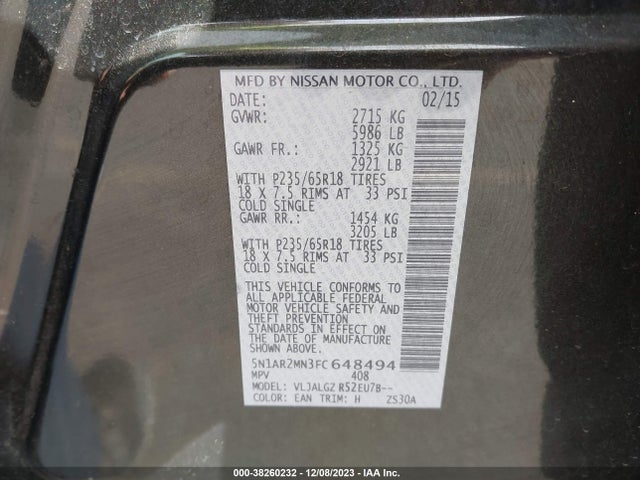 2015 NISSAN PATHFINDER SL VIN: 5N1AR2MN3FC648494