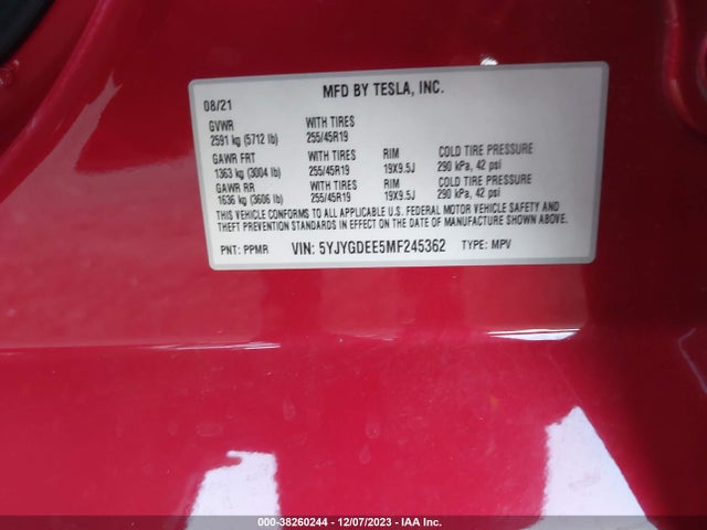 5YJYGDEE5MF245362 Tesla Model Y