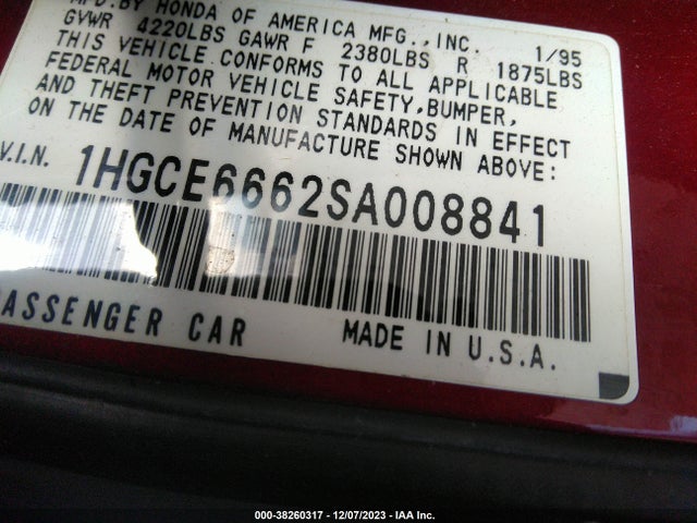 1995 HONDA ACCORD EX VIN: 1HGCE6662SA008841