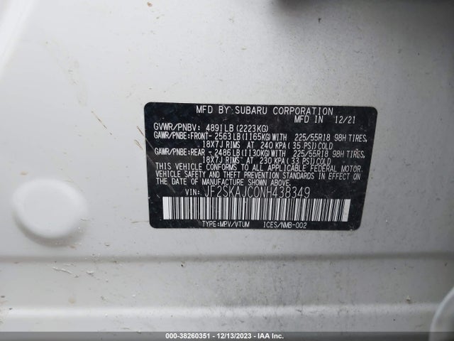 2022 SUBARU FORESTER SPORT VIN: JF2SKAJC0NH438349