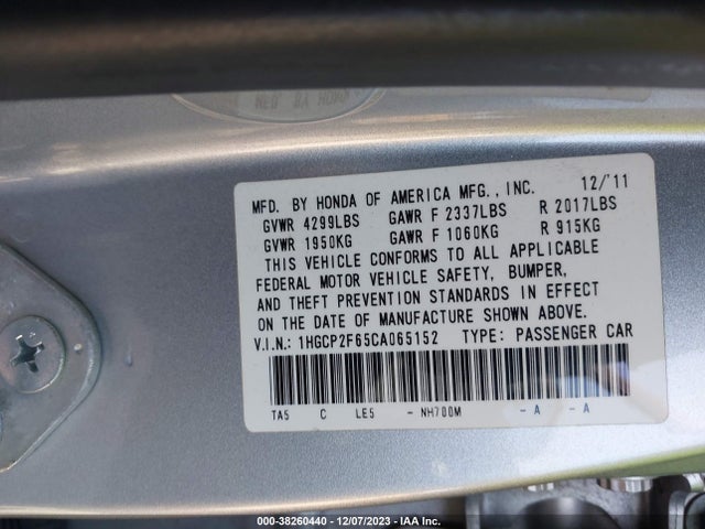 2012 HONDA ACCORD 2.4 SE VIN: 1HGCP2F65CA065152