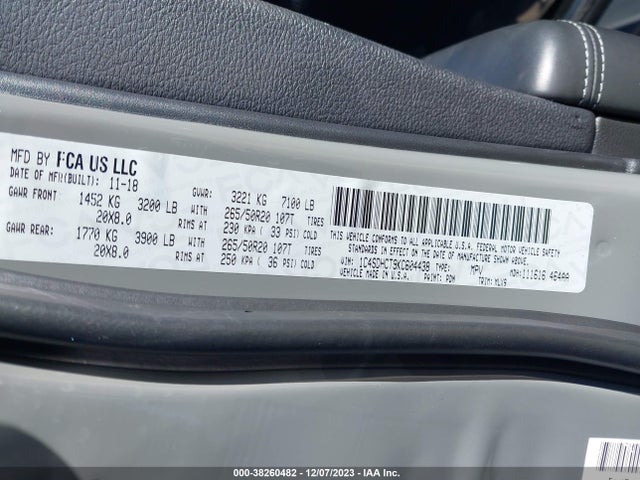 2019 DODGE DURANGO R/T RWD VIN: 1C4SDHCT9KC604438