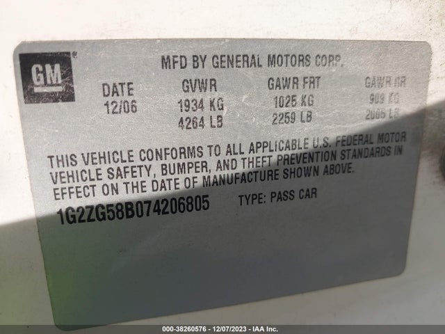 2007 PONTIAC G6 G6 VIN: 1G2ZG58B074206805