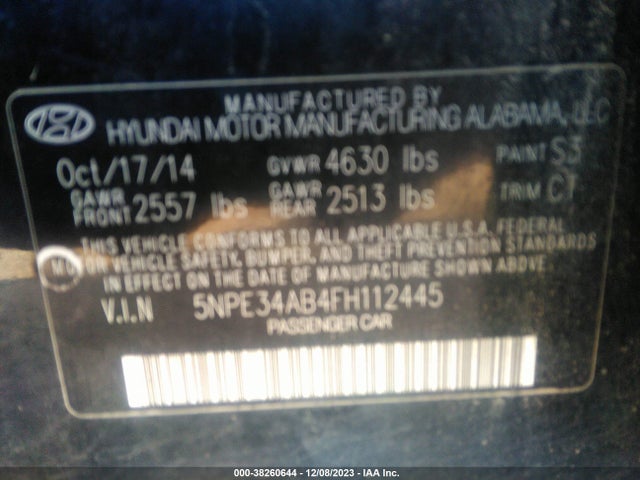 2015 HYUNDAI SONATA LIMITED 2.0T VIN: 5NPE34AB4FH112445