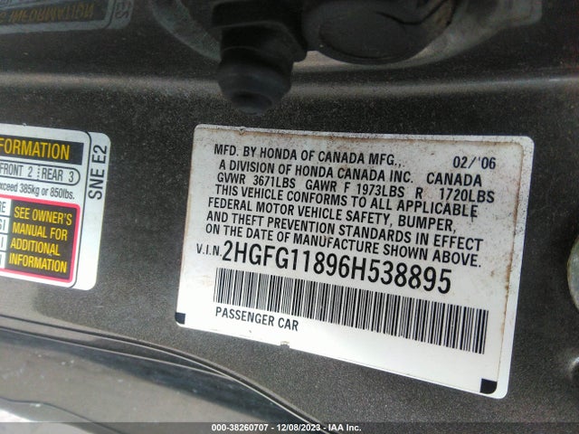2006 HONDA CIVIC EX VIN: 2HGFG11896H538895